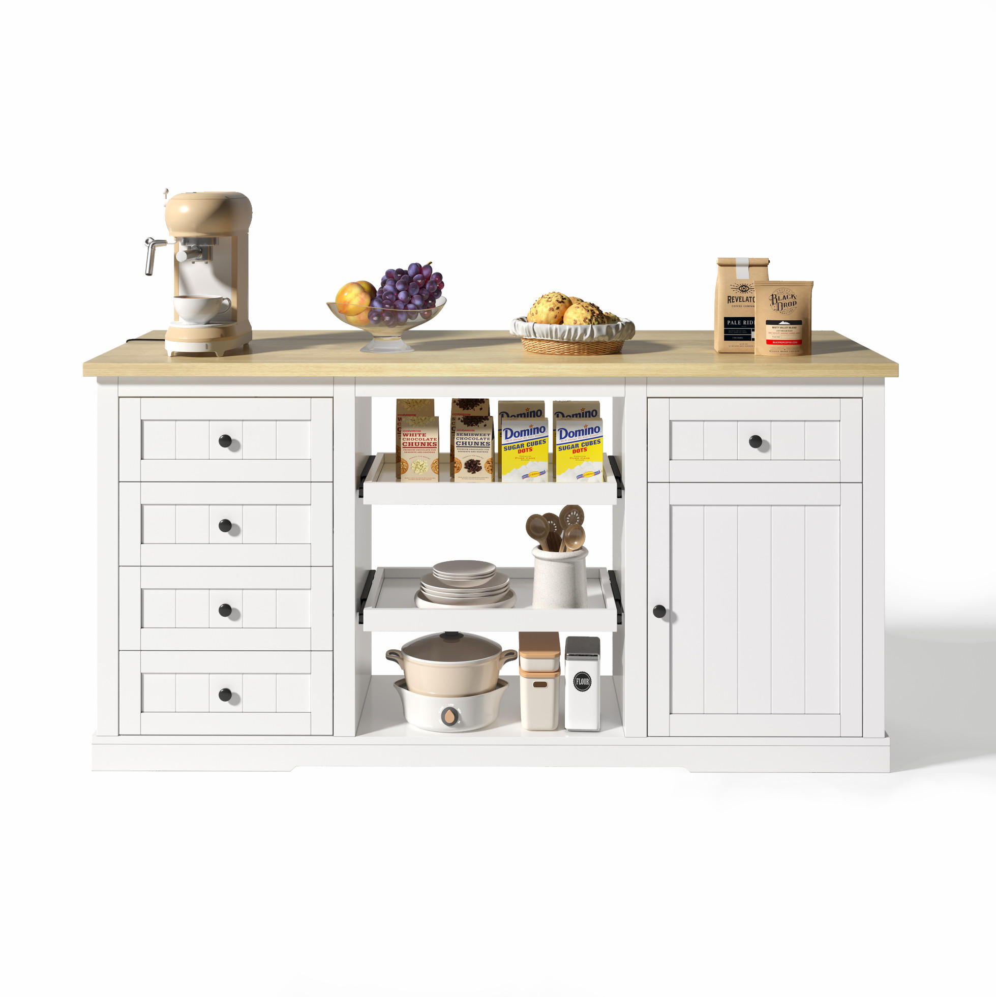 SIDEBOARD mit 5 Schubladen, 2 Ausziehböden und klappbarer Erweiterungsplatte, integrierte Steckdosen, 150/65/75 cm, Weiß und Natur - Weiß, Holzwerkstoff (150/75/65cm) - Redom