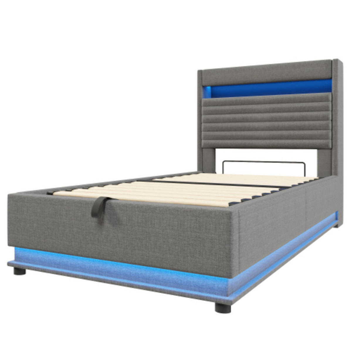 POLSTERBETT grau 218×92,5×113 cm aus Leinen-Stoff mit Hydraulik-Stauraum, doppelte LED-Leisten - Grau, Textil (90/200cm) - Luhomfu