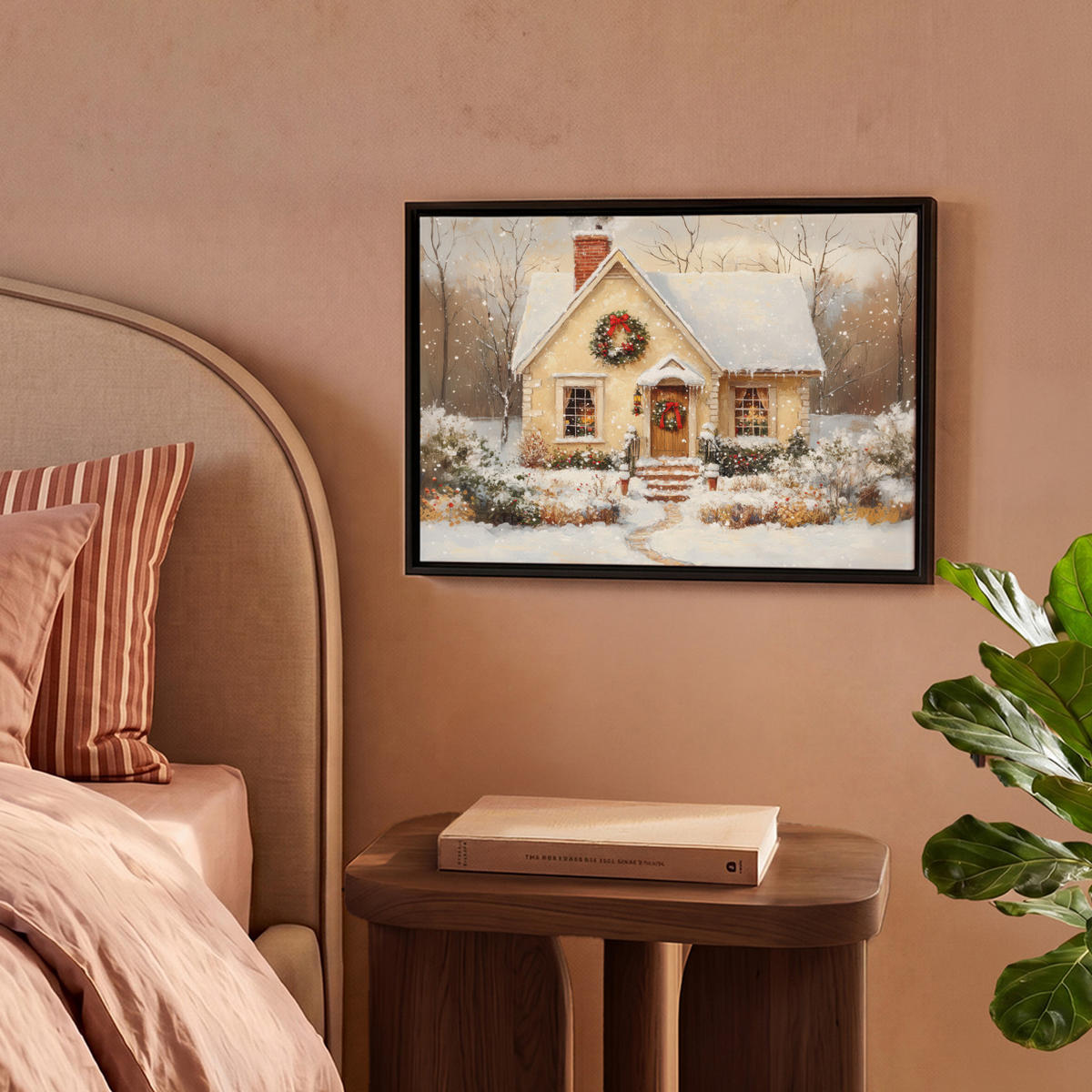 LEINWAND Bilder mit Rahmen - Weihnachten - Zuhause - Winter - Schnee - 40x30 - Creme, Textil (40/30cm) - MuchoWow