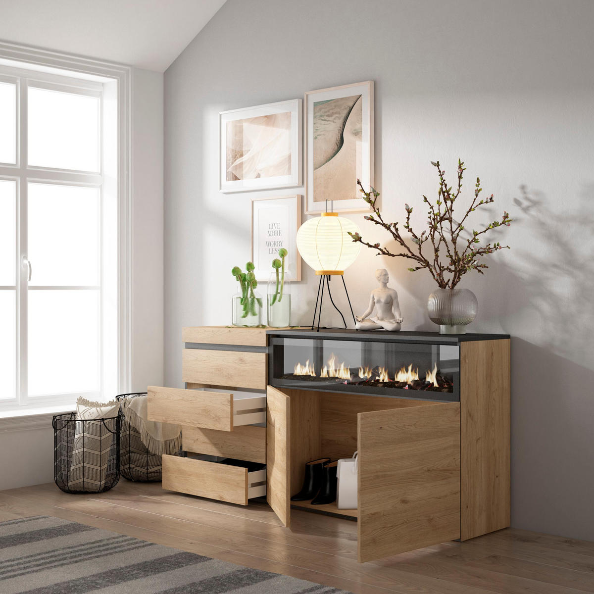 KOMMODE mit Schubladen, Elektrokamin, eiche, 158/35/75cm - Eichefarben/Beige, Holzwerkstoff (158/75/35cm) - Skraut Home