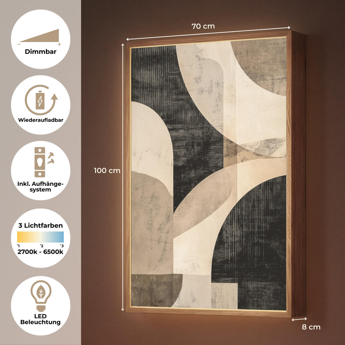 NÁSTĚNNÁ LAMPA S AKUMULÁTOREM Abstraktní - Tvary - Moderní - Béžová 70x100 cm - šedá, kompozitní dřevo (70/100/8cm) - OnlyWow