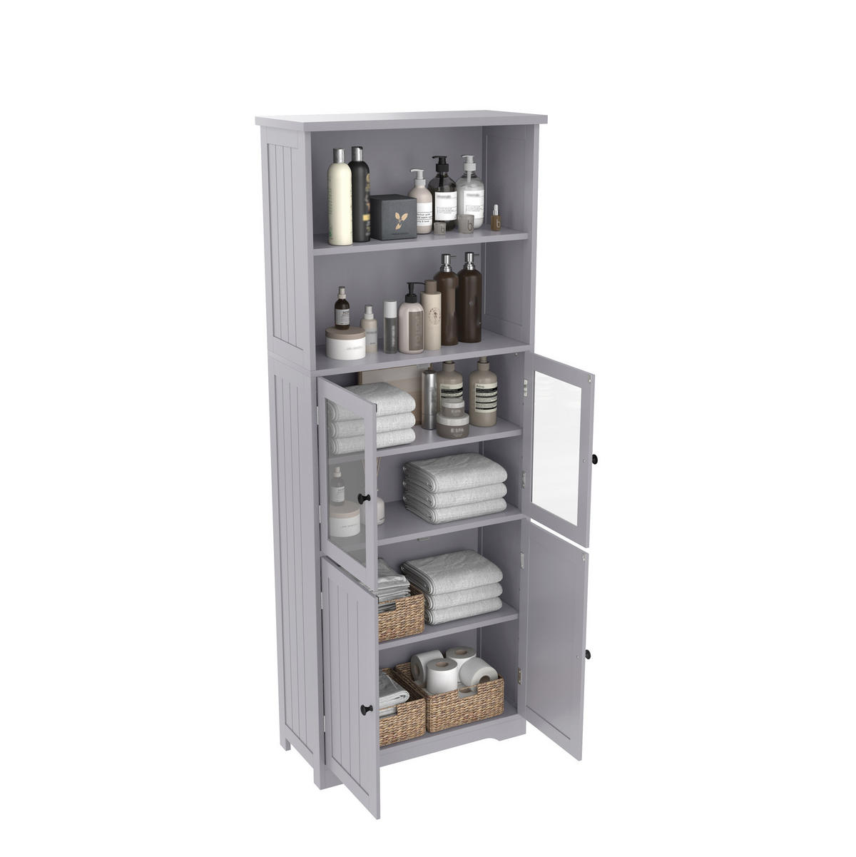 BADEZIMMER-HOCHSCHRANK 57.4x28.5x160cm in Grau, feuchtigkeitsbeständig mit 4 Türen - Grau, Holzwerkstoff (57.4/160/28.5cm) - Modfu