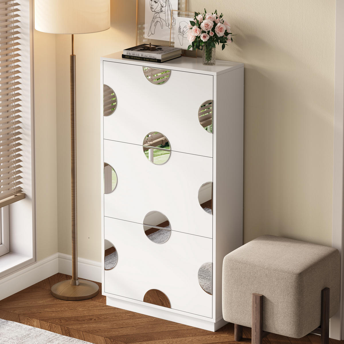 SCHUHSCHRANK in Weiß Schuhkommode mit 3 Klappen,Spiegel und großem Stauraum für Eingangsbereich und Foyer,B63/T24/H120cm - Weiß, Holzwerkstoff/Metall (63/120/24cm) - STILVORA