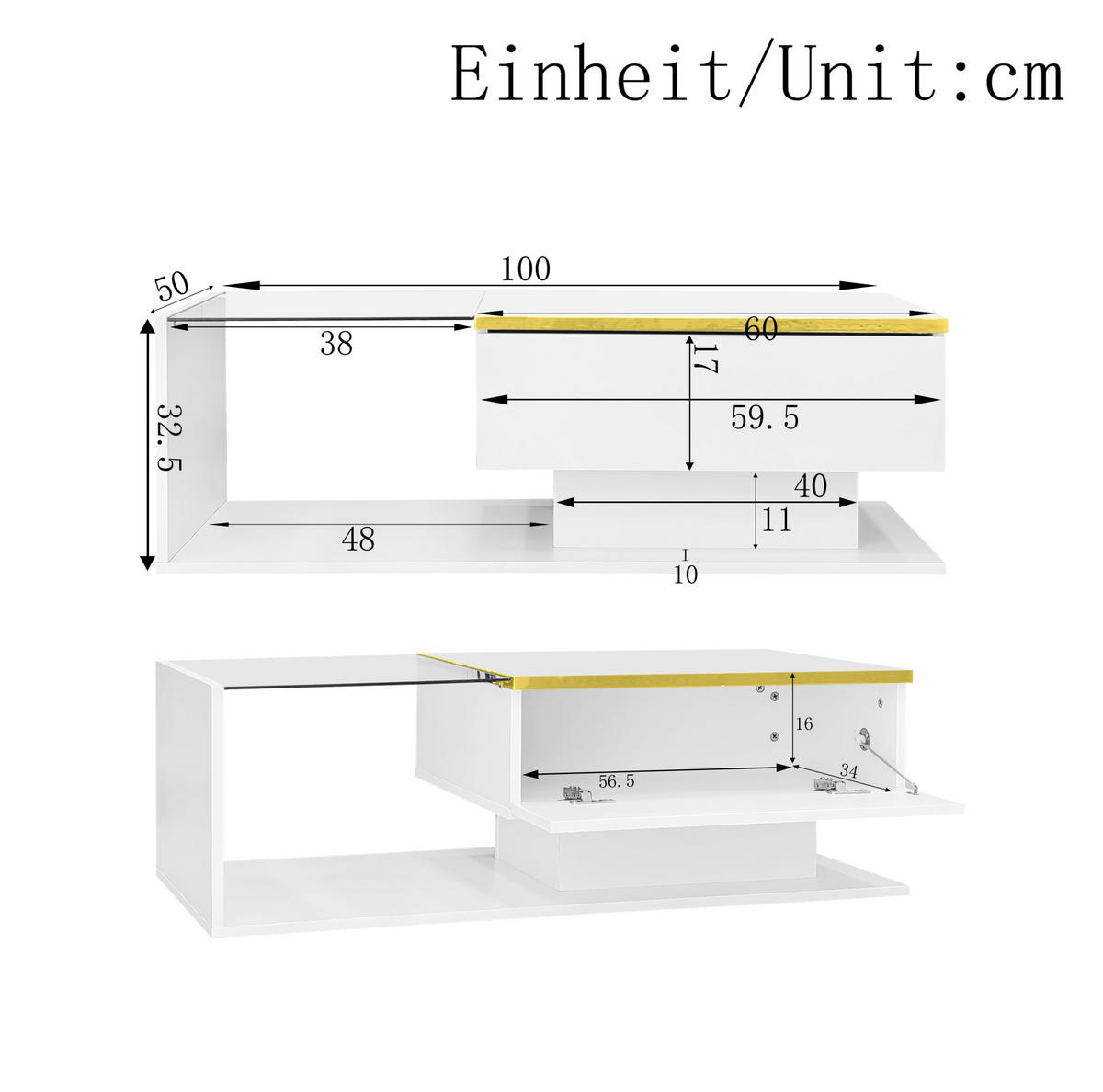 COUCHTISCH 100/50/32,5 cm in Weiß mit LED-Beleuchtung und Glasplatte - Weiß, Holzwerkstoff (100/50/32.5cm) - Flora Grace