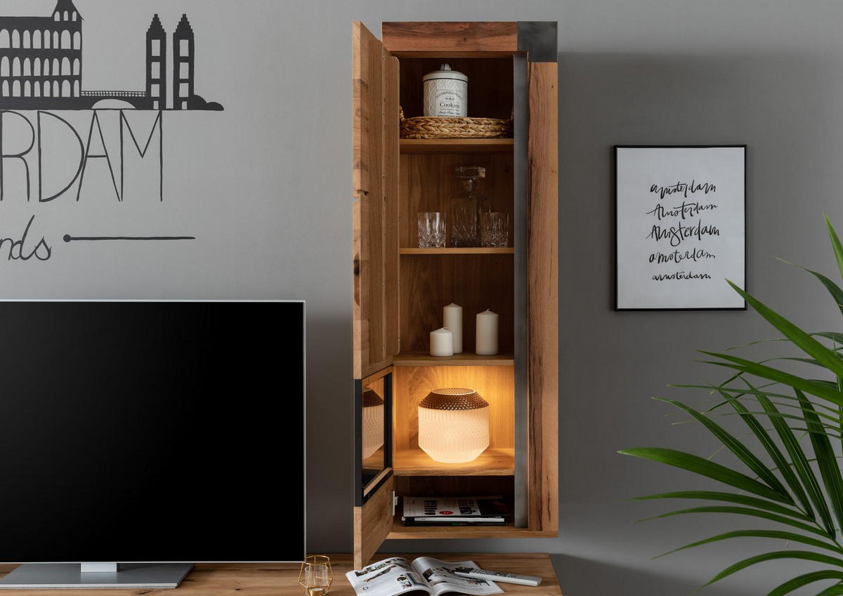 VITRINE Wildeiche / Zerreiche 47x35x142 natur geölt NEW AMSTERDAM #12 - Braun, Holz (47/142/35cm) - Massivmoebel24