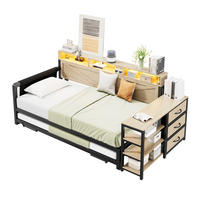 MULTIFUNKTIONSBETT 90/200 cm schwarz aus Metall mit Ausziehbett mit USB und LED - Schwarz, Holzwerkstoff (90/200cm) - OKWISH