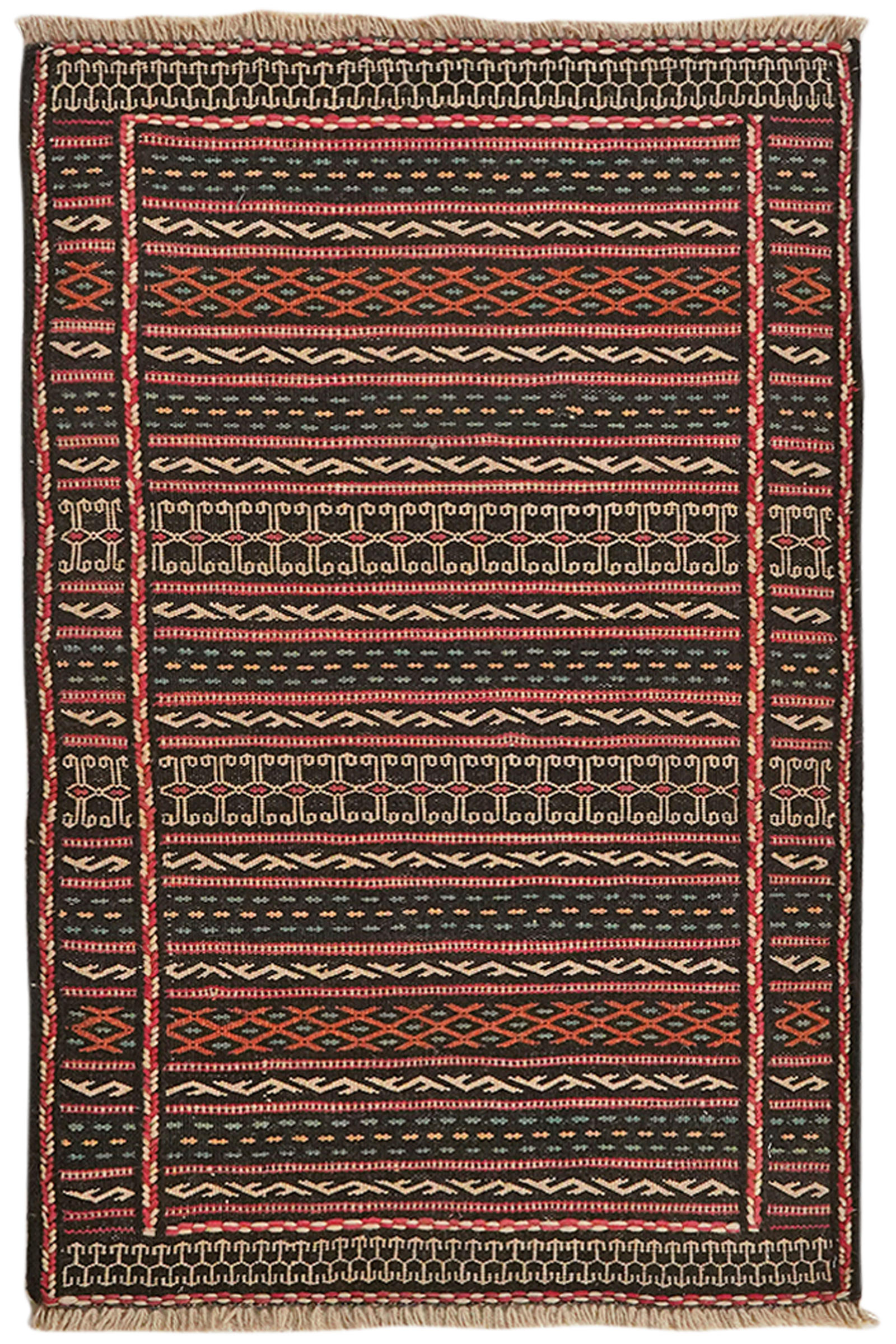 HANDWEBTEPPICH Kelim Kordi Schwarz 93/61 cm Schurwolle - Schwarz, Textil (61/93cm) - Looma