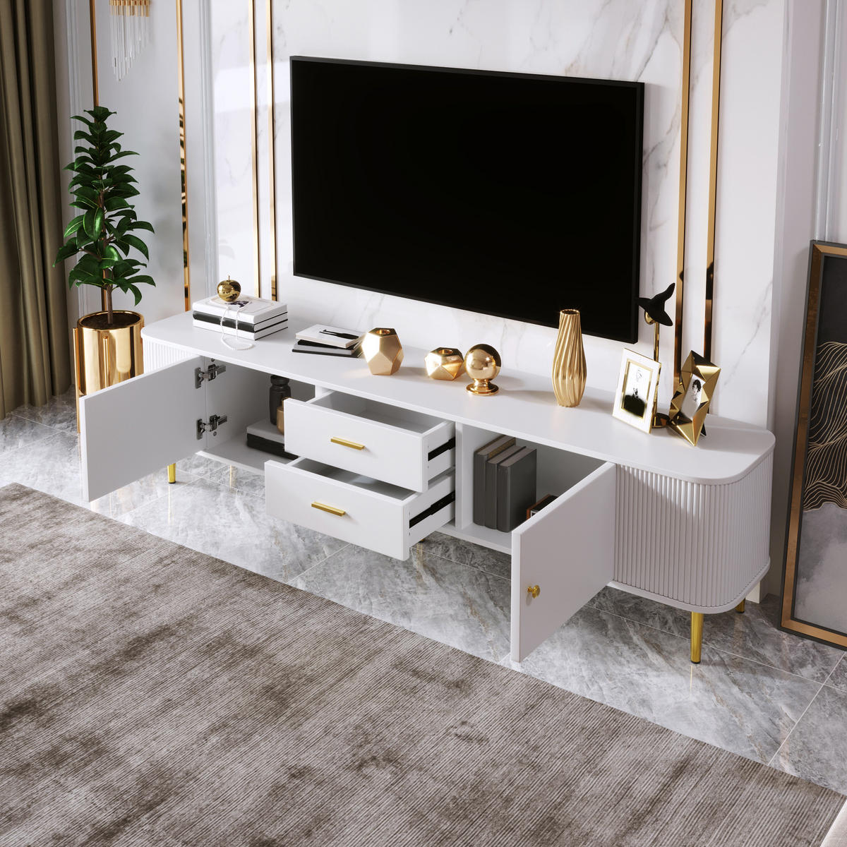 TV-ELEMENT170X34X45CM Weiß mit goldenen Beinen und abgerundeten Ecken - Weiß, Holz (40.64/34.29/57.15cm) - Raelunyi