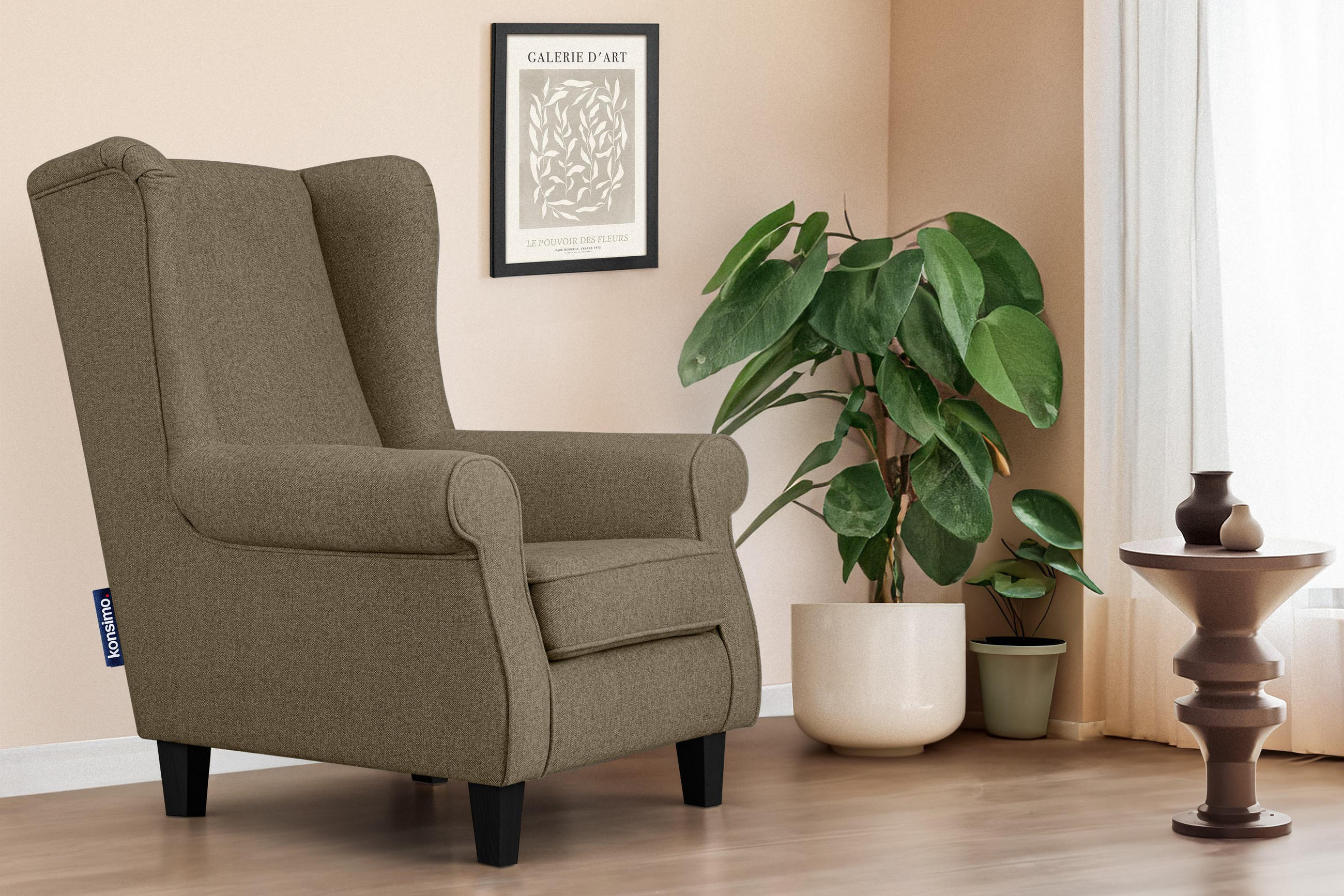 OHRENSESSEL MILES Massivholzbeine schwarz, braun - Braun, Holzwerkstoff/Buchenholz (82/105/97cm) - KONSIMO®