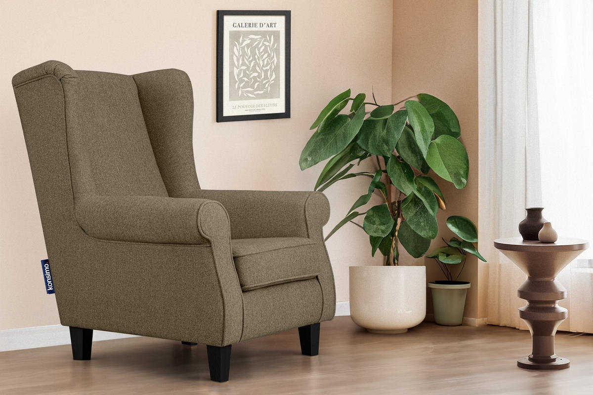 OHRENSESSEL MILES Massivholzbeine schwarz, braun - Braun, Holzwerkstoff/Buchenholz (82/105/97cm) - KONSIMO®