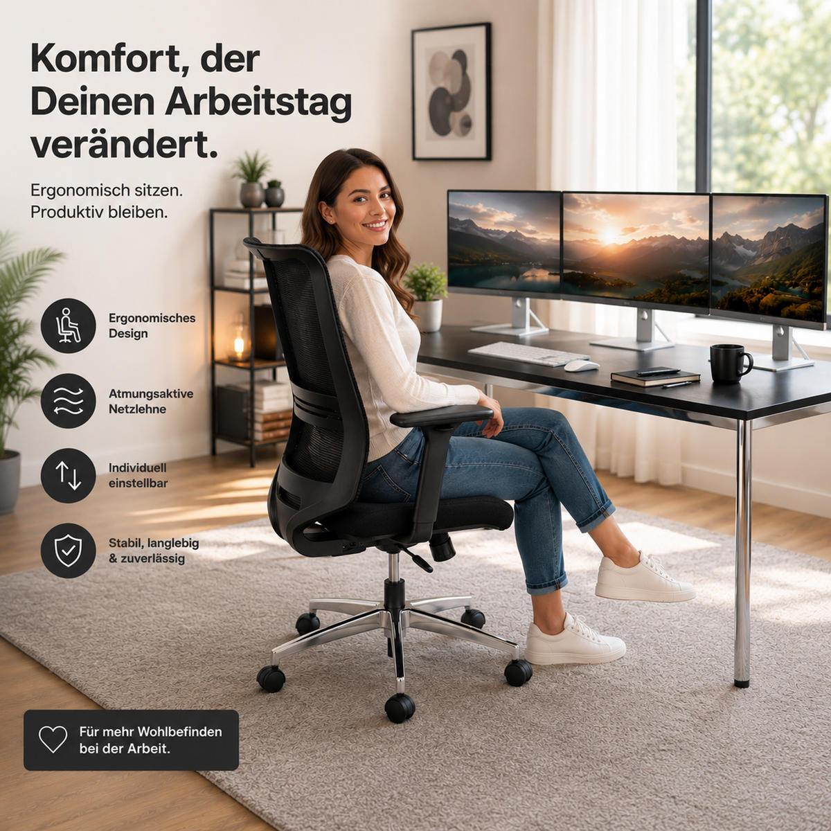 BÜROSTUHL Tanda Stoff/Mesh Schwarz - ergonomisch, 150 kg belastbar, Sitzhöhe 49-61cm - Schwarz, Kunststoff/Textil (65/102/68cm) - Versee