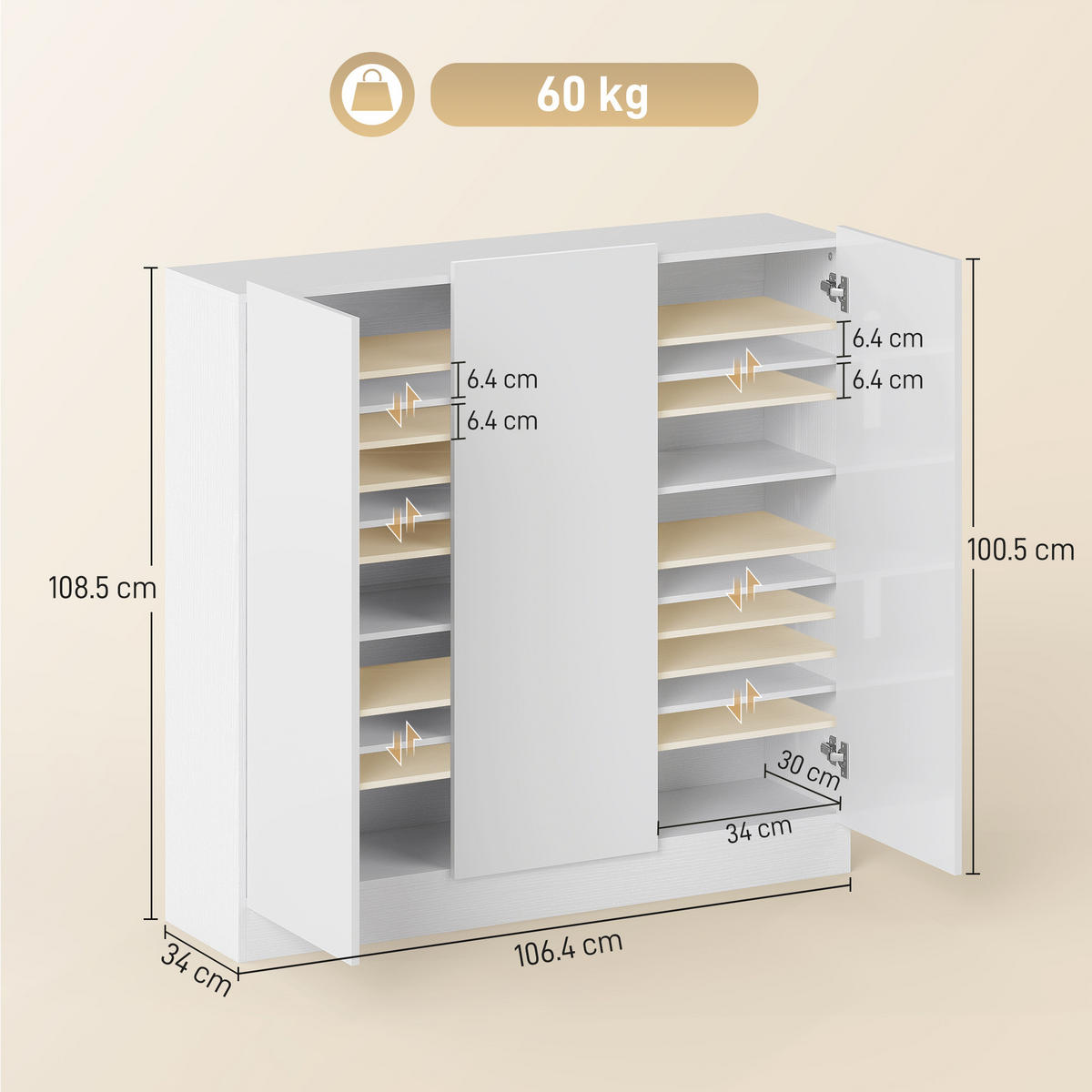 SCHUHABLAGE,SOFT-CLOSE Türen für 25–30 Paar,hochglanzweiß - Weiß, Holzwerkstoff (106.4/108.5/34cm) - Vallsero