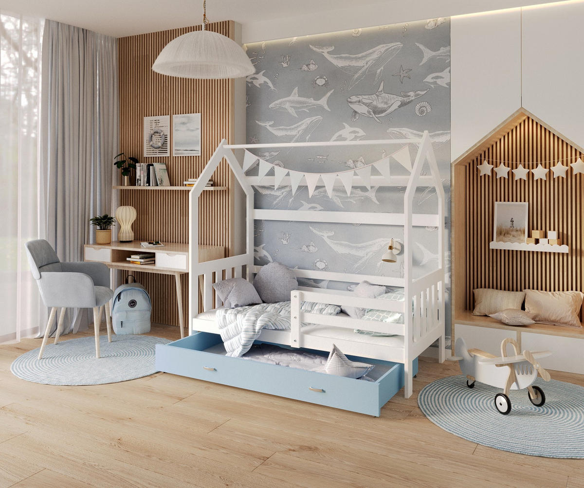 KINDERBETT ALA Hausbett 160x80cm mit Schublade und Matratze Weiß/Blau - Blau, Holz (80/160cm) - Luxkor24