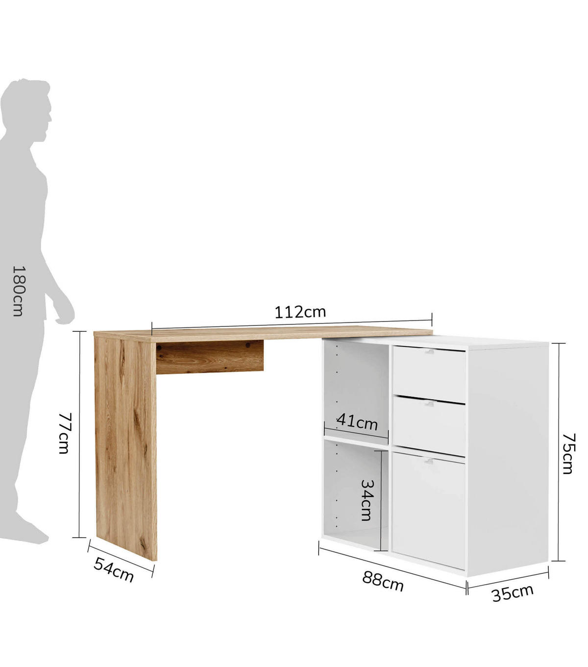 ECKSCHREIBTISCH Der Produktive - Eichefarben/Weiß, Holzwerkstoff (54/112/77cm) - Mokebo