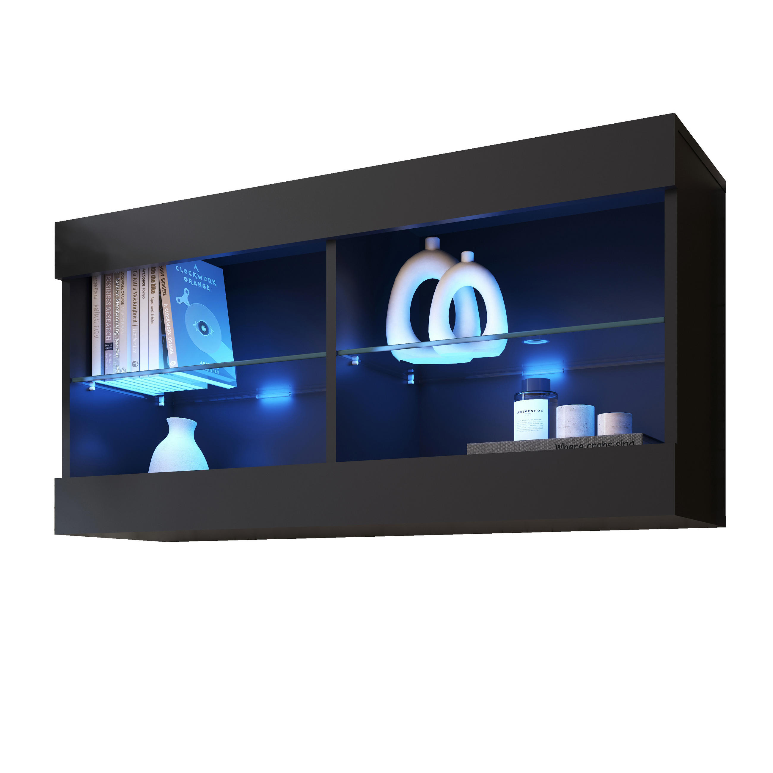 HÄNGEVITRINE TIVOLI HORIZONTAL 100, Schwarz, LED Blau - Schwarz, Glas/Holzwerkstoff (100/50/29.5cm) - Komodee