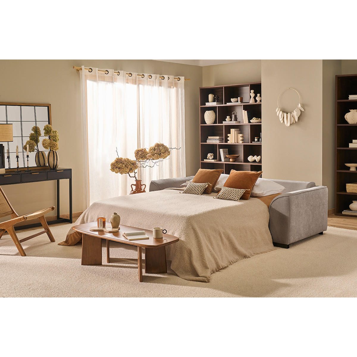 3-SITZER Schlafsofa in taupefarbenem Samt-Effekt Stoff mit 12 cm Matratze ARMAND - Taupe, Textil (100/80/217cm) - Miliboo