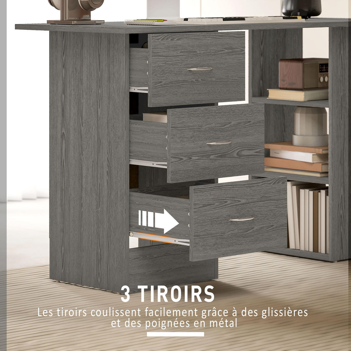 SCHREIBTISCH Grau mit 3 Schubladen und 3 Regalfächern 120/49/72 cm - Grau, Holzwerkstoff (49/120/72cm) - PANGIVO