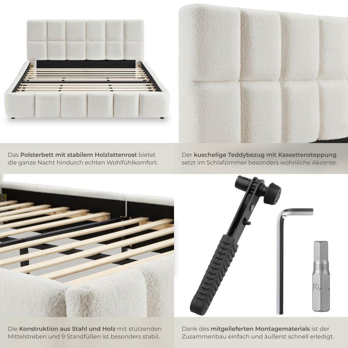 POLSTERBETT Shirley, Belastbarkeit 250 kg, Teddy creme - Creme, Holz (180/200cm) - tectake