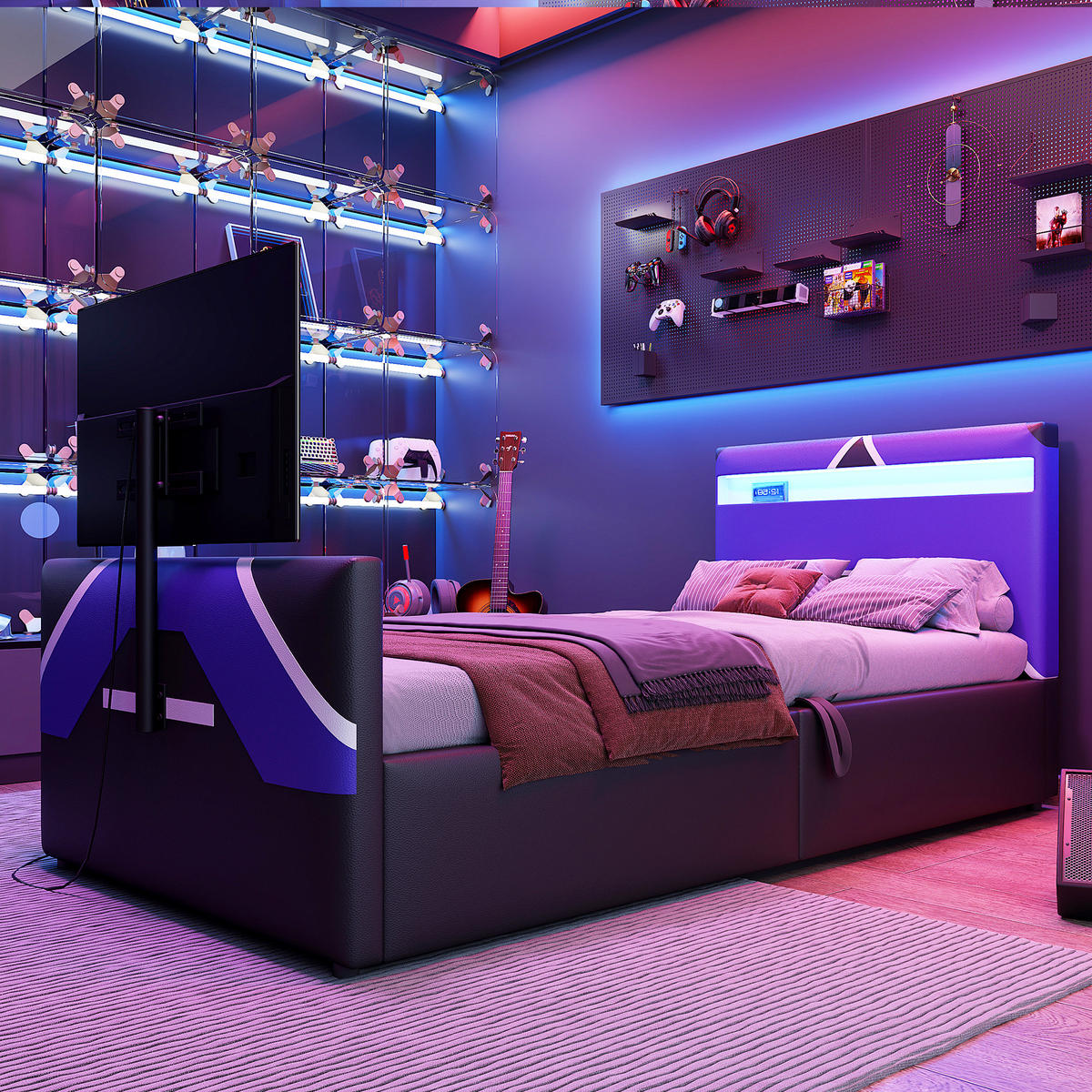 POLSTERBETT 90/200 cm Schwarz mit LED-Beleuchtung und TV-Halterung mit Stauraum - Blau/Schwarz, Kunststoff (90/200cm) - OKWISH