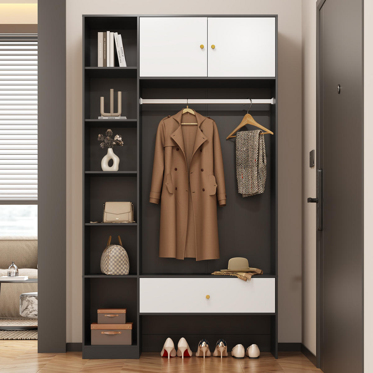 GARDEROBENSET Kompakt Schwarz Weiß 105x40x185cm - Multicolor, Holzwerkstoff (40/185/105cm) - FLIEKS