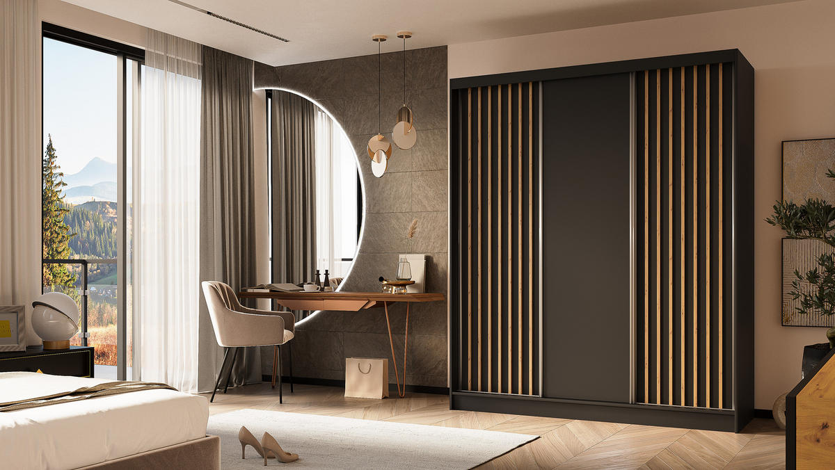 KLEIDERSCHRANK mit furnierten Schiebetüren und Aluminium-Leisten, LED-Beleuchtung - LABELO - 180 cm Schwarz+Schwarz+Artisan - Schwarz/Eiche Artisan, Holzwerkstoff (180/216/61cm) - ALTDECOR