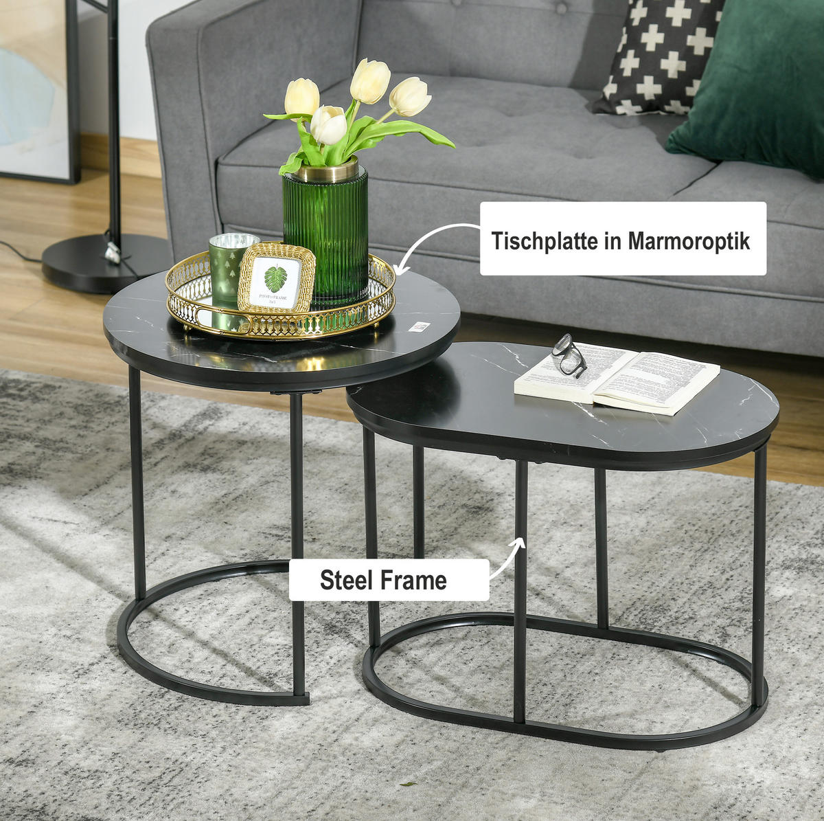 COUCHTISCH-SET 50/50/50,5 cm & 60/36/43,5 cm stapelbar mit verstellbaren Füßen und Marmoroptik, Schwarz - Schwarz, Metall (50/50/50.5cm) - Redom