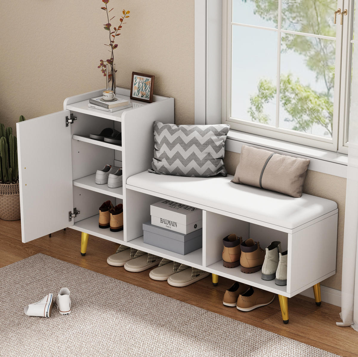 SCHUHSCHRANK aus Spanplatte 120x35x71.5cm in Weiß mit Sitzbank - Weiß, Holzwerkstoff (120/71.5/35cm) - Modfu