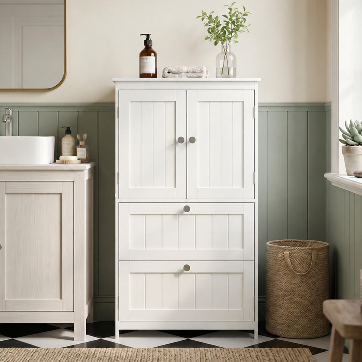 BADEZIMMERSCHRANK MDF Weiß - Weiß/Nickelfarben, Holzwerkstoff/Metall (30/110/60cm) - HOMCOM