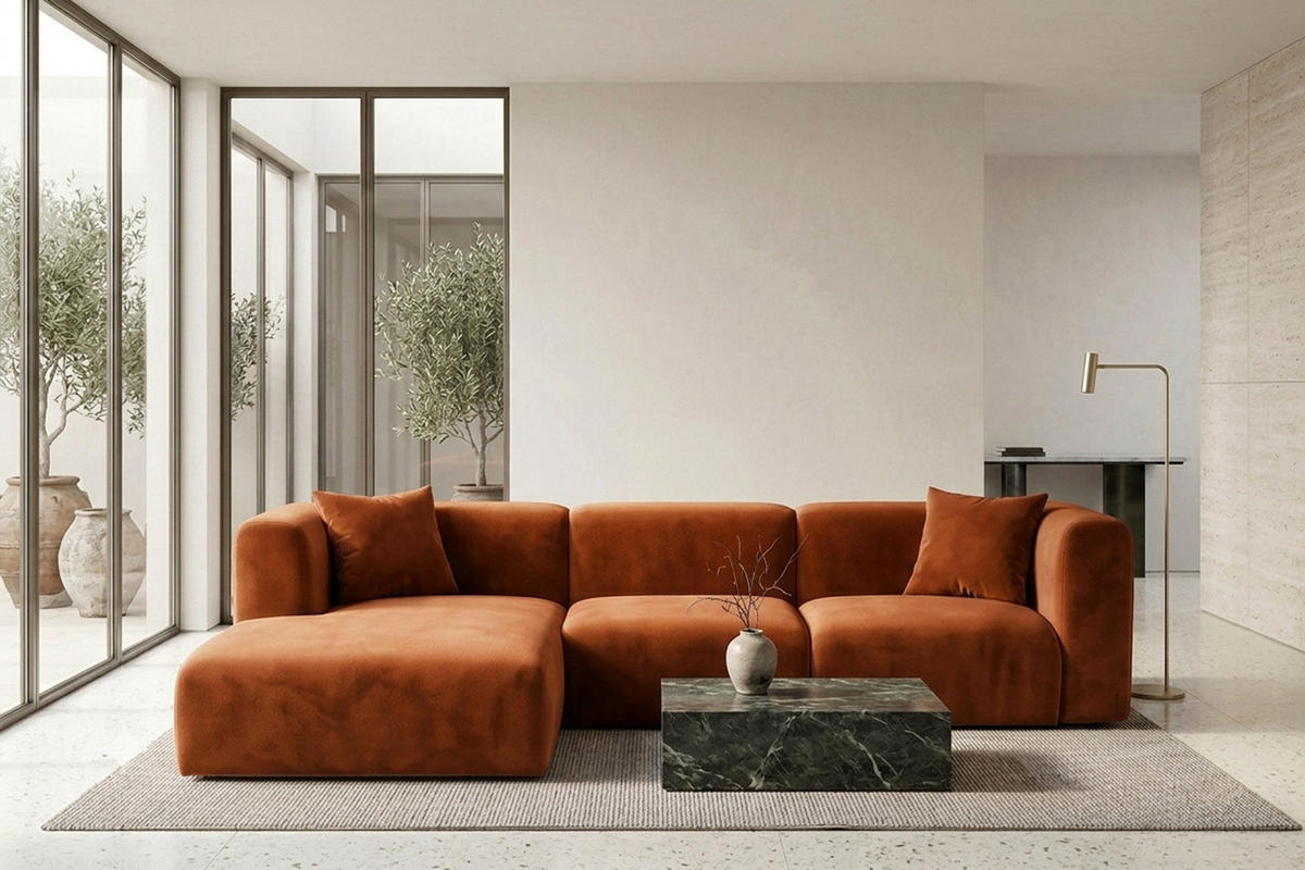 ECKSOFA L-Form, Velvet-Stoff Bluvel, Zimtfarbe, Links, GRETA - Orange, Holz (318/179cm) - Kaiser Möbel