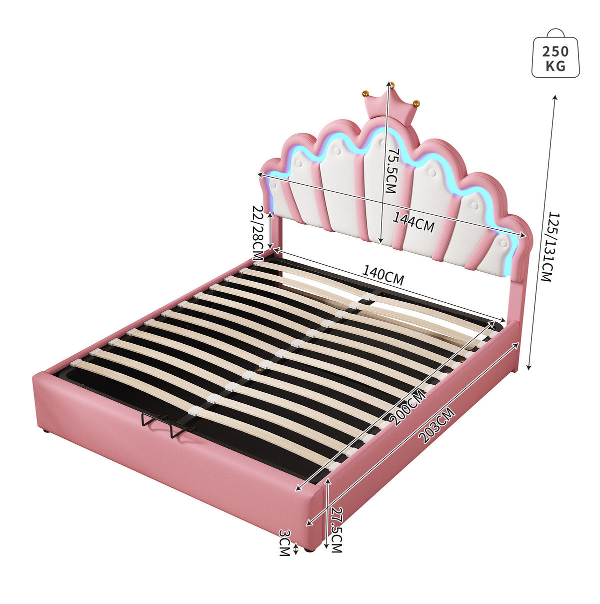 POLSTERBETT 140/200 cm mit LED-Beleuchtung, hydraulischem Bettkasten und Kronen-Kopfteil, Rosa - Rosa, Kunststoff (140/200cm) - Redom
