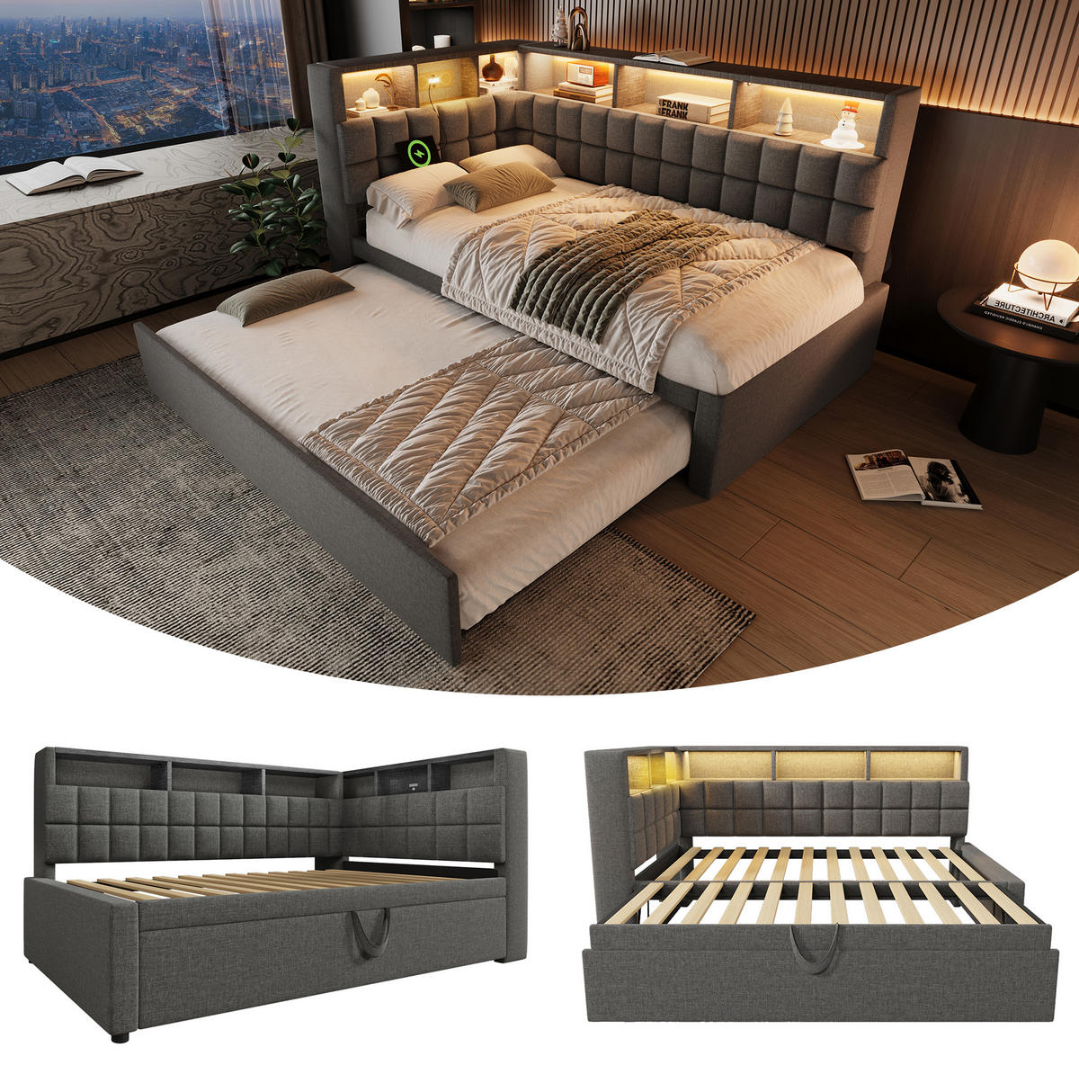 POLSTERBETT 90/180x200 cm in Grau mit LED-Beleuchtung und USB- und Type-C-Anschlüssen - Grau, Textil (90/200cm) - Flora Grace