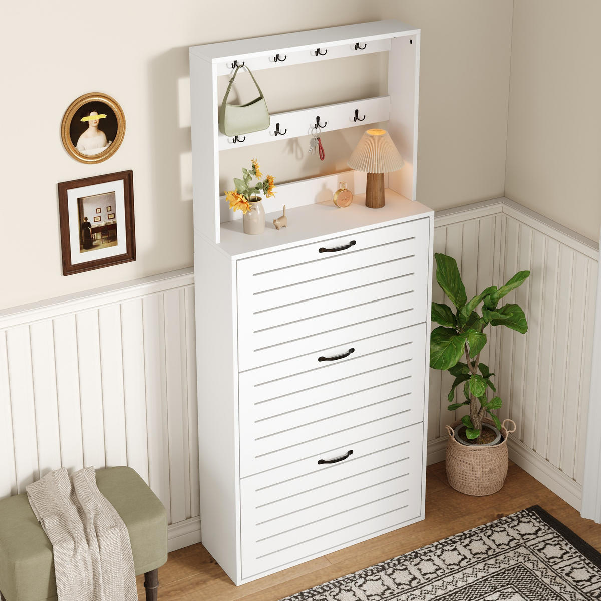SCHUHSCHRANK 3 Türen Haken Stauraum - Weiß, Holzwerkstoff (70/163/25cm) - Fortuna Lai