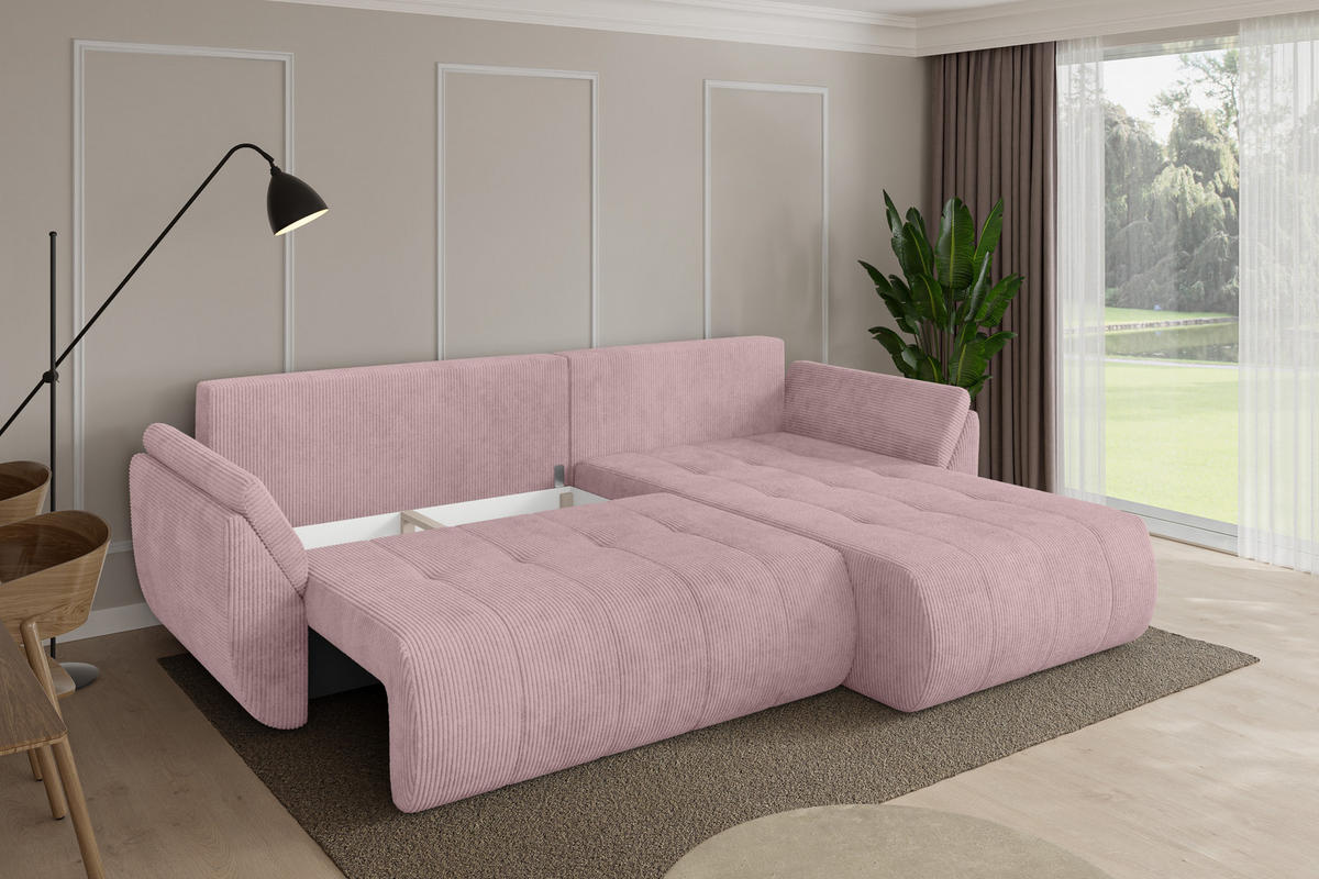 ROHOVÁ SEDAČKA s funkcí spaní, otoman vpravo TOKO-L 277x194x86 růžová manšestr - růžová/černá, kompozitní dřevo/textil (277/194cm) - ALTDECOR