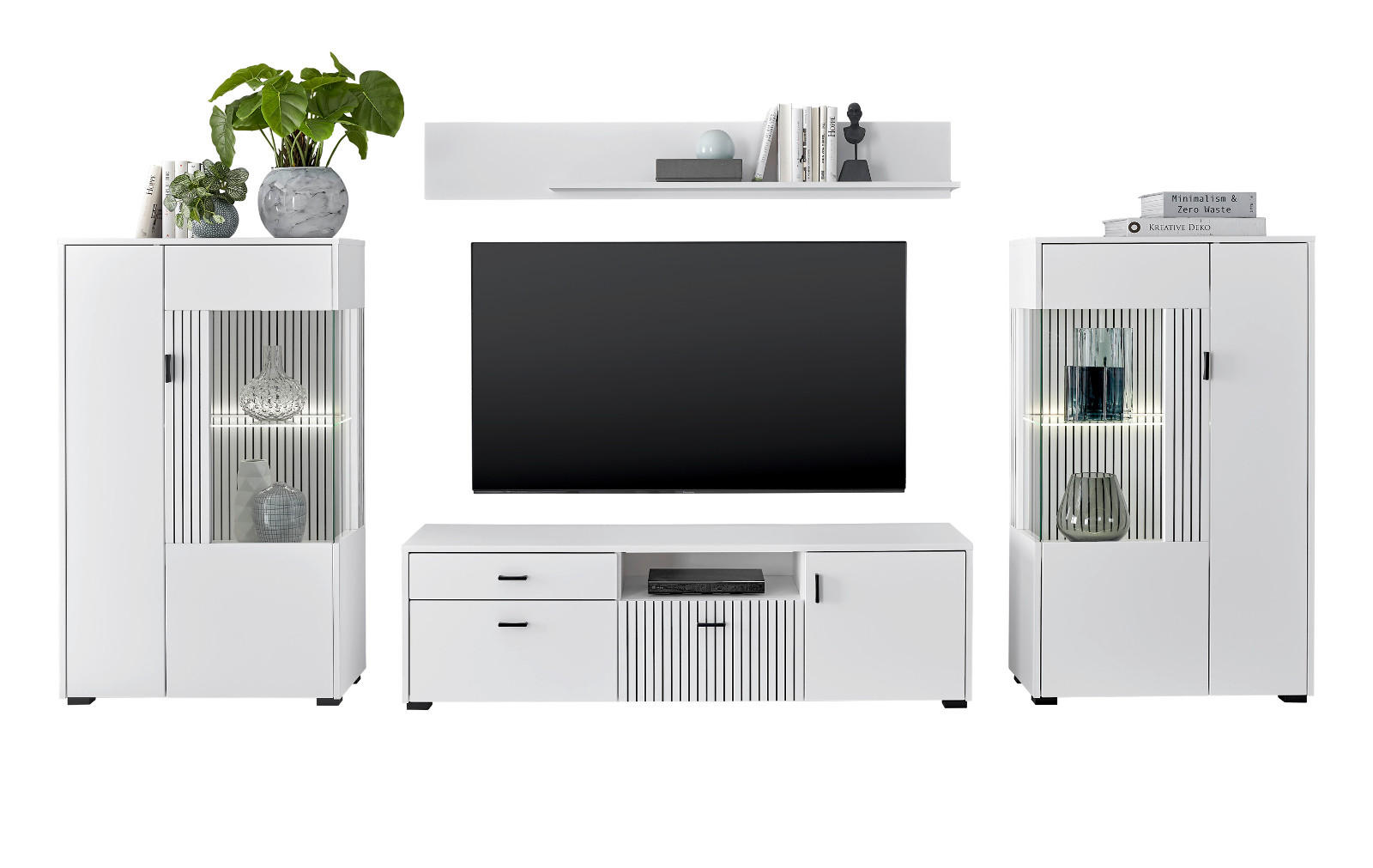 WOHNWAND weiß matt, Wohnkombination 4-teilig 320 x 170 cm - Weiß, Holzwerkstoff/Metall (320/180/42cm) - Furn.Design