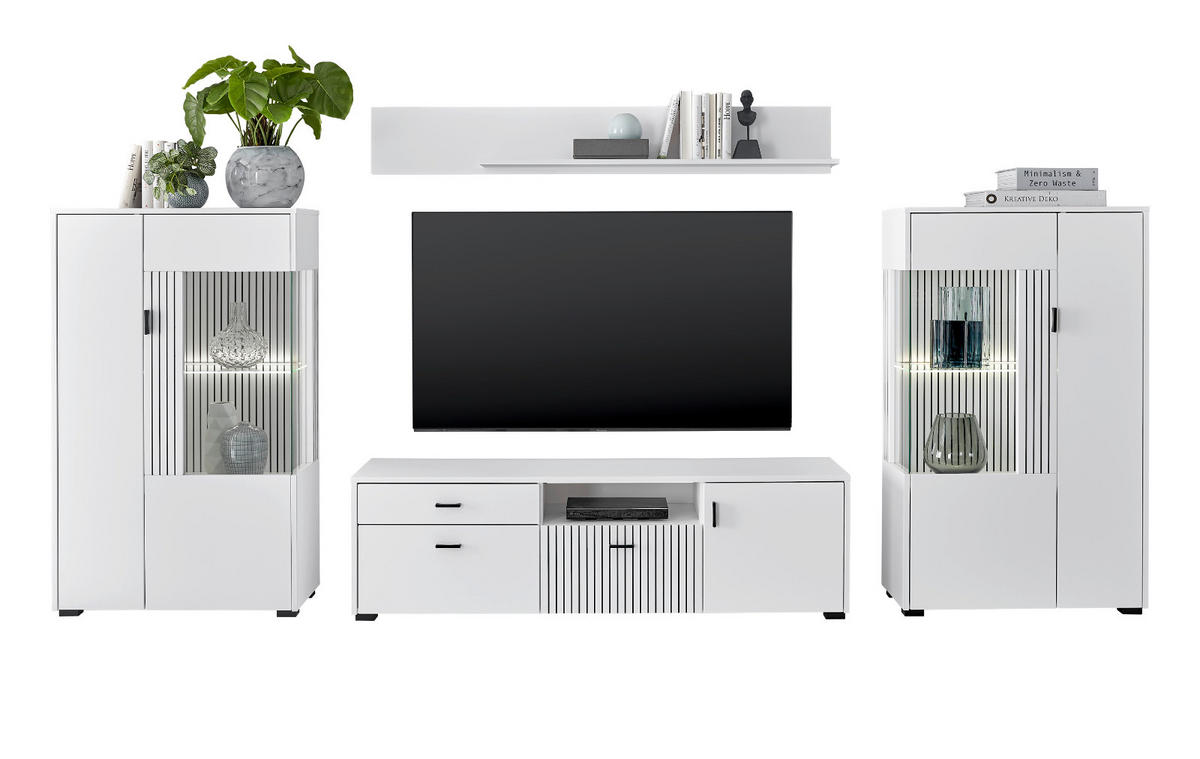 WOHNWAND 4-teilig weiß matt, Wohnkombination 320 x 170 cm mit viel Stauraum und Soft-Close - Schwarz/Weiß, Glas/Holzwerkstoff (320/180/42cm) - Furn.Design
