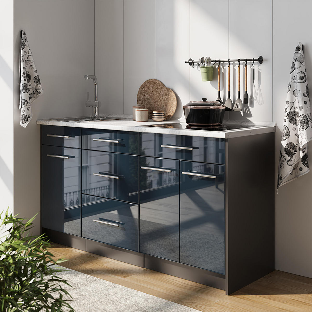 KUCHYNSKÝ BLOK Fame-Line, Tmavo modrá vysoký lesk, 150 cm, AP Antracit - tmavomodrá/antracitová, kompozitné drevo (150/82/60cm) - Vicco