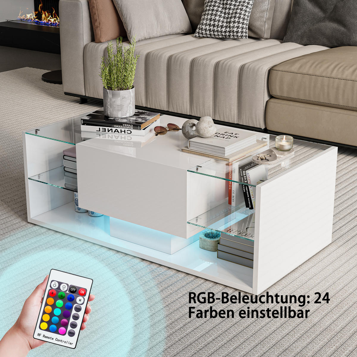 COUCHTISCH mit LED, Hochglanz Wohnzimmertisch, Weiß 100x50x35 cm - Weiß, Holz (50/100/35cm)