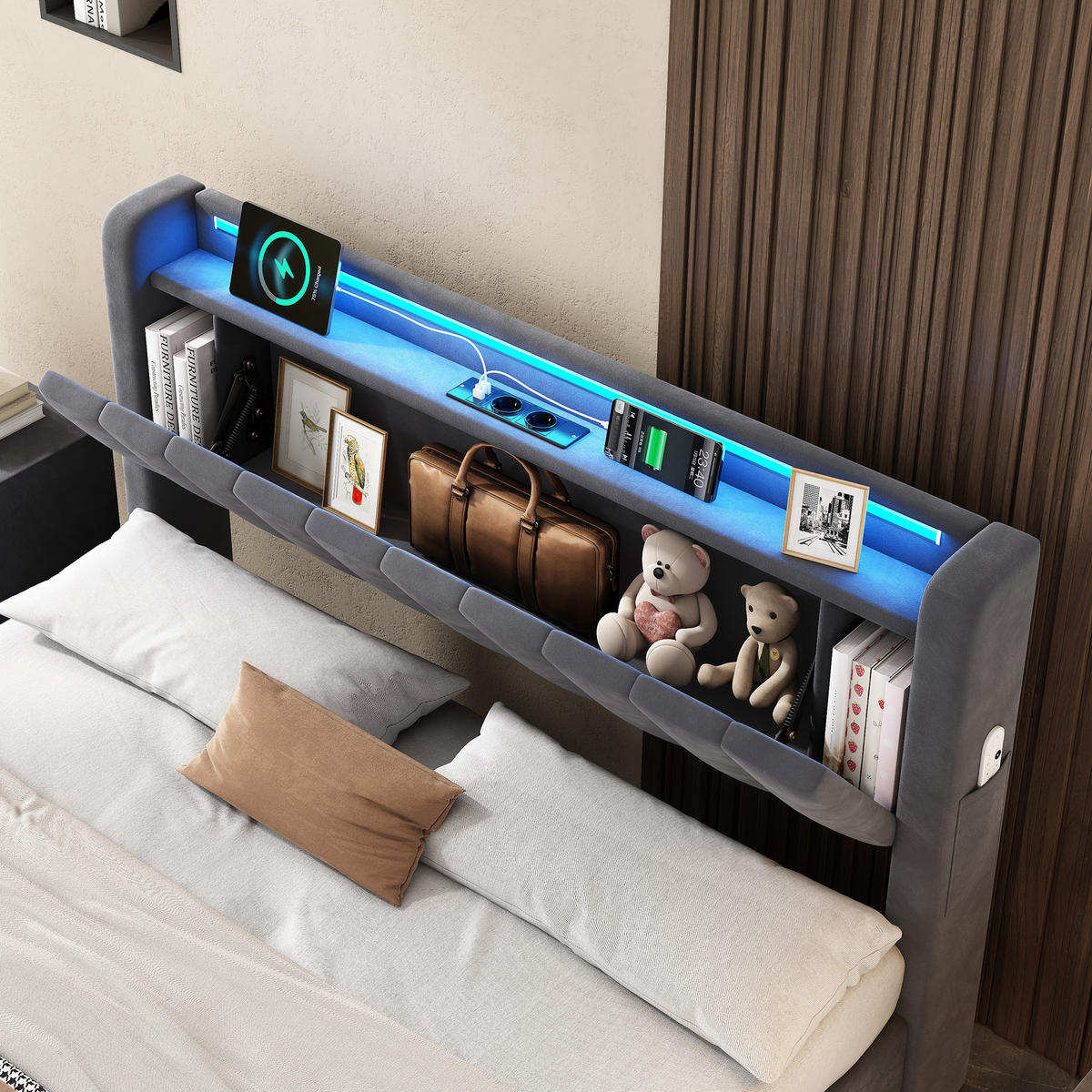 POLSTERBETT 140/200 cm Grau mit LED-Lichtleiste und USB-Anschlüssen - Grau, Holzwerkstoff (140/200cm) - OKWISH