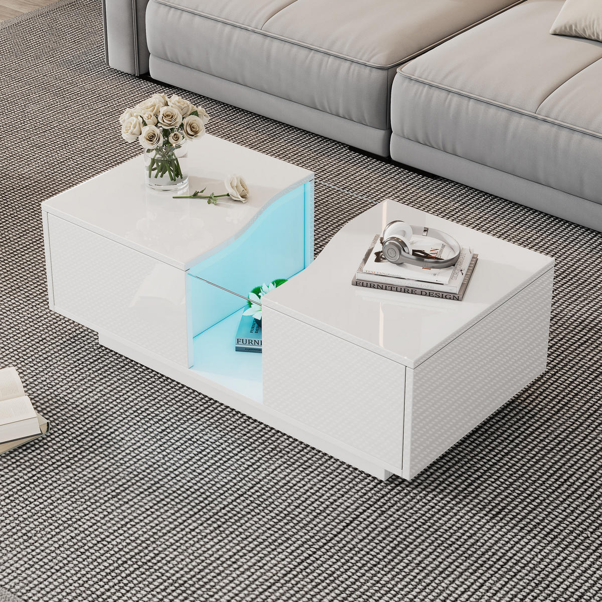 COUCHTISCH 100/50/35 cm mit LED-Beleuchtung, 2 Schubladen und Acrylplatte aus MDF, Weiß - Weiß, Holzwerkstoff (100/50/35cm) - Redom