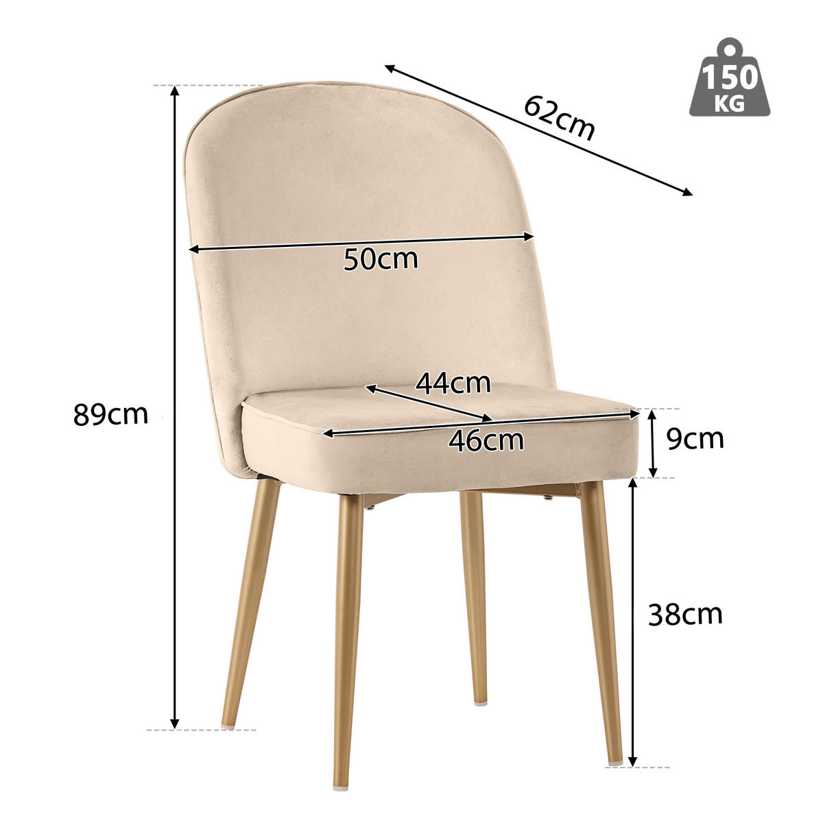 ESSZIMMERSTUHL 2-Tlg Beige Samt, Gold Beine, Wohnzimmer - Beige, Metall (45.5/87.5/62cm) - FLIEKS