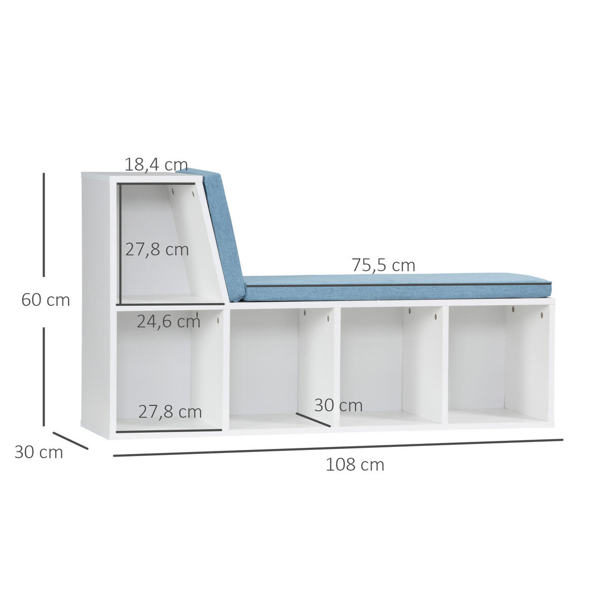 KINDERREGA DE-15538 108/30/60 cm, 5 Fächer, 2 Kissen Weiß/Blau - Blau, Holzwerkstoff (108/60/30cm) - ComfortXL
