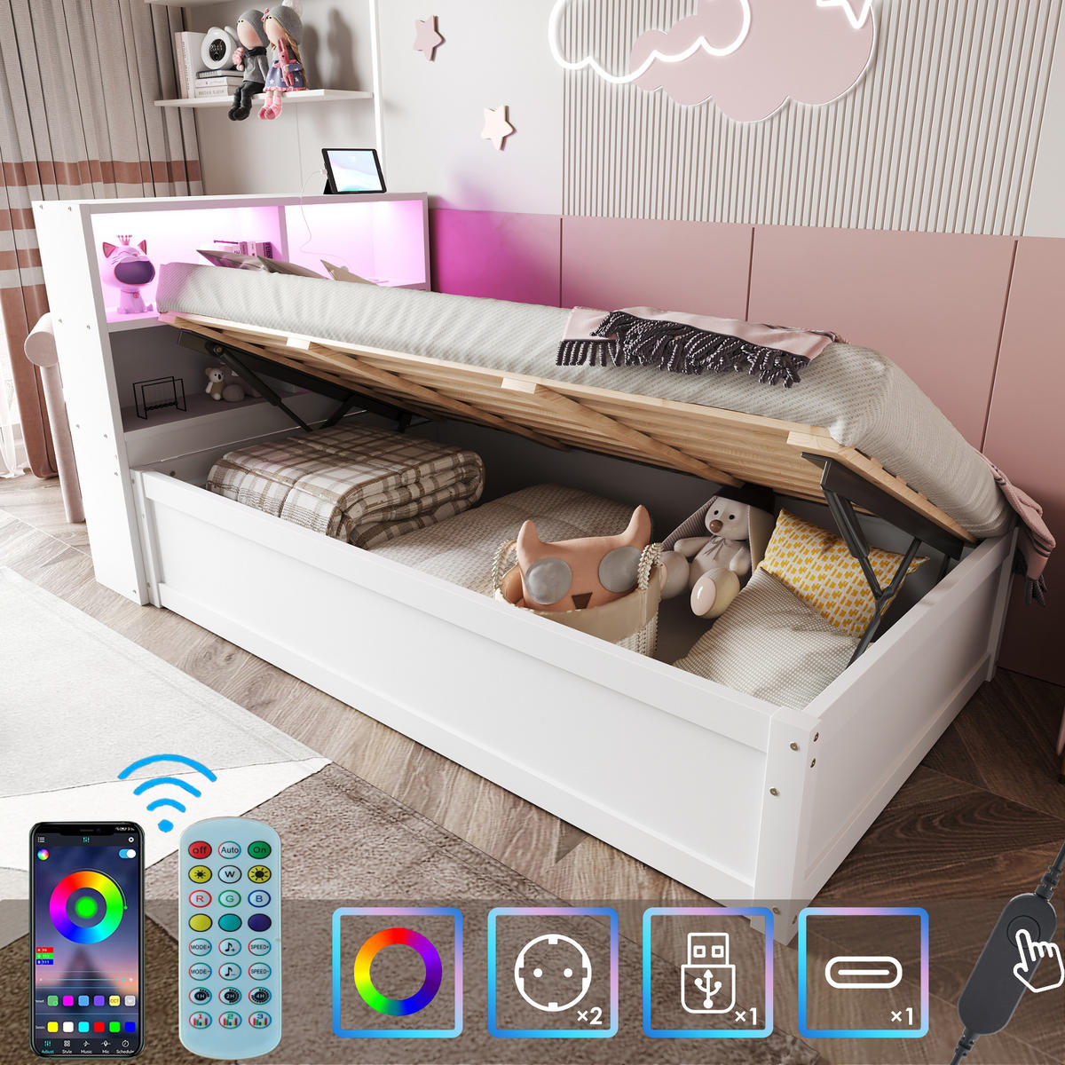 STAURAUMBETT 90/200 cm DE-01385, in Weiß, mit LED, Steckdose und Hydraulik - Weiß, Holz (90/200cm) - ComfortXL