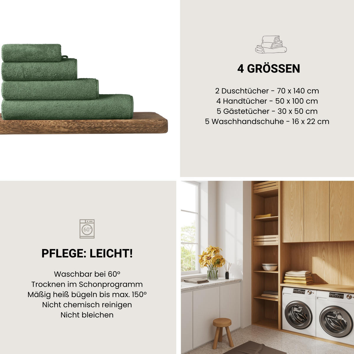 WASCHHANDSCHUHSET Milano - 5-teilig - 16 x 22 cm - Dunkelgrün - Dunkelgrün, Textil (16/22cm) - SCHIESSER