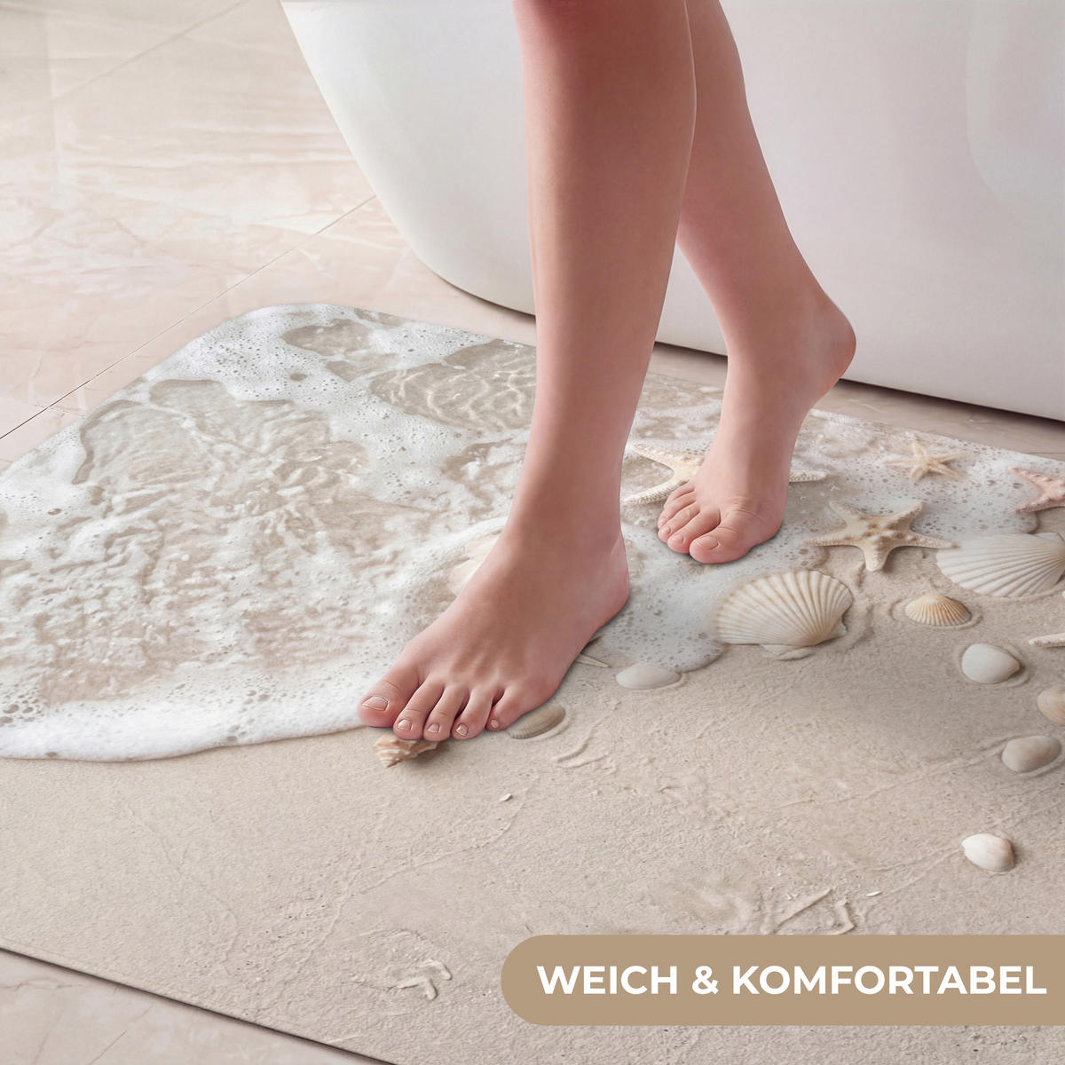 KÚPEĽŇOVÁ PREDLOŽKA Mušle - Hviezdice - Pláž 60x90 cm - piesková/krémová, textil/plast (60/90cm) - OnlyWow
