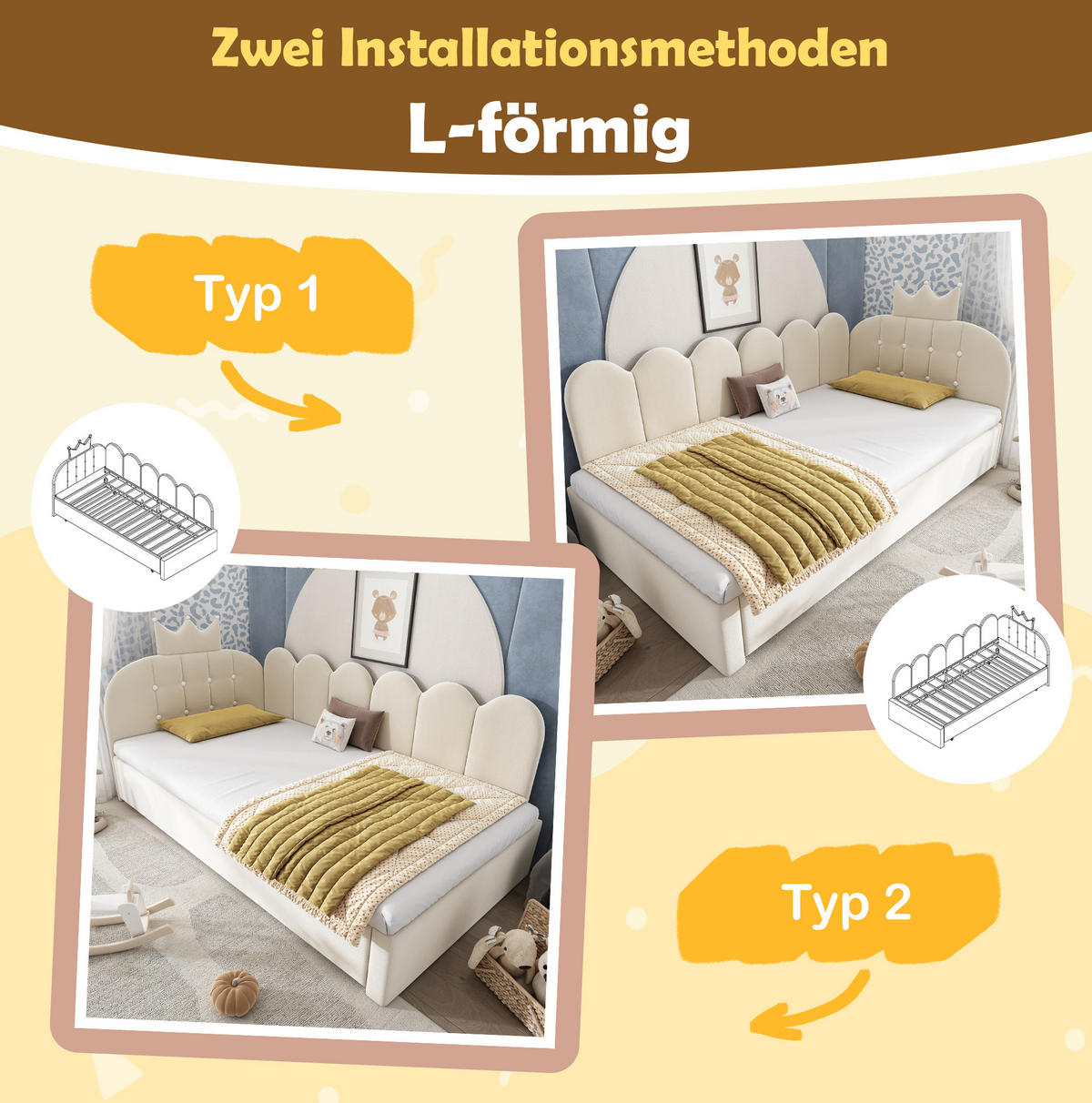 KINDERBETT Polsterbett 90/200 cm aus Samt mit Ausziehbett und Kronendesign Beige - Beige, Textil (90/200cm) - Modenvie