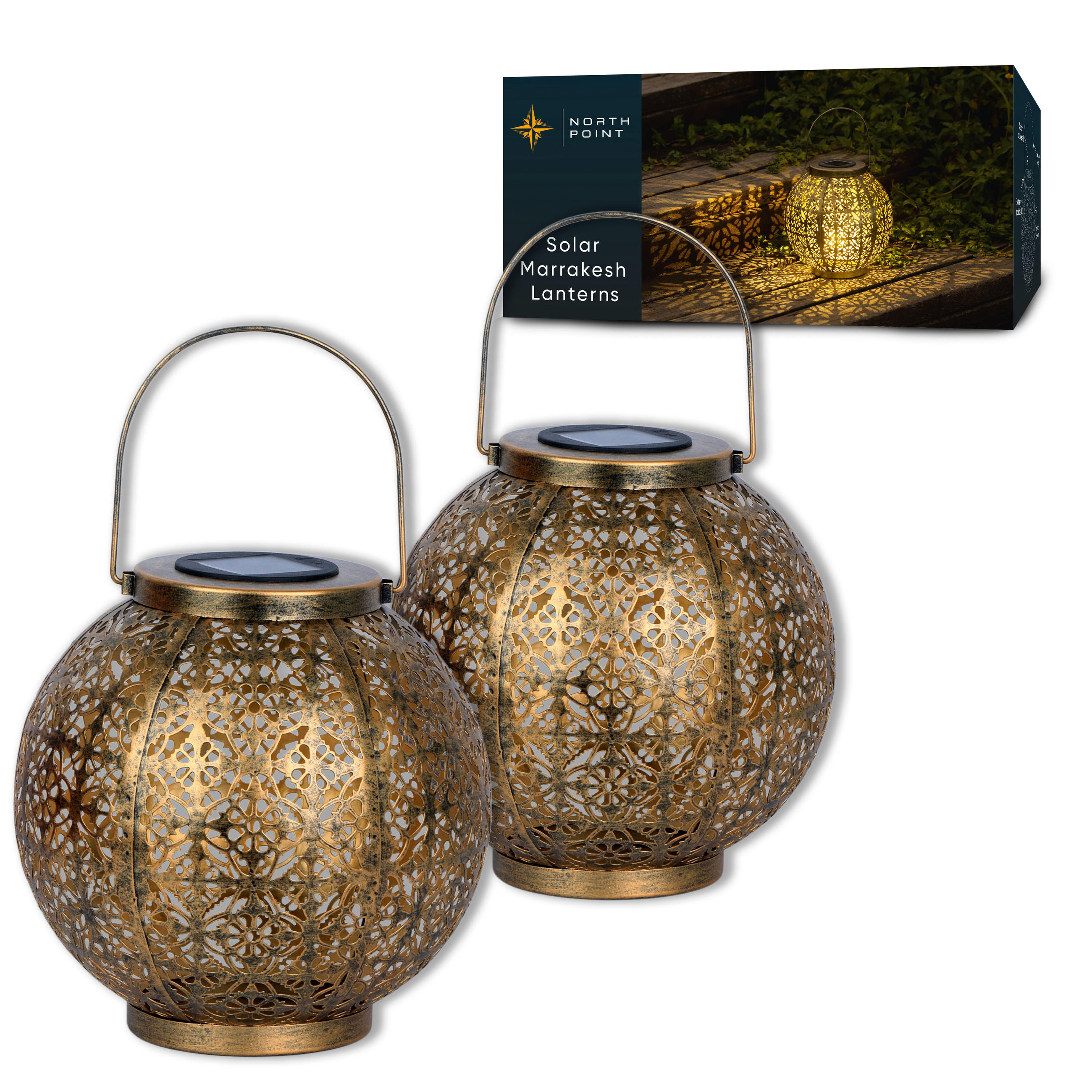 LED-SOLAR-LATERNE Marrakesh Rund Metall Messing-Finish Warmweiß RGB Dämmerungs-Sensor IP44 2er-Set - Messingfarben, Metall (22.5/22.5/22.5cm) - Northpoint