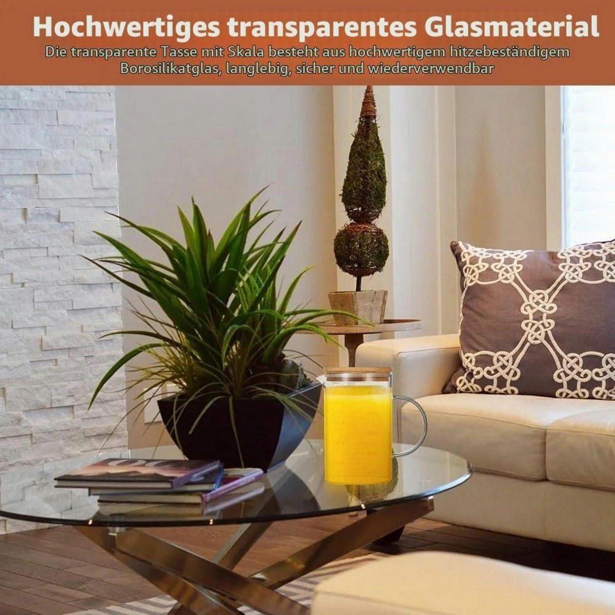 MESSBECHER Glas 1000 ml mit Bambusdeckel - Transparent, Glas (1L)
