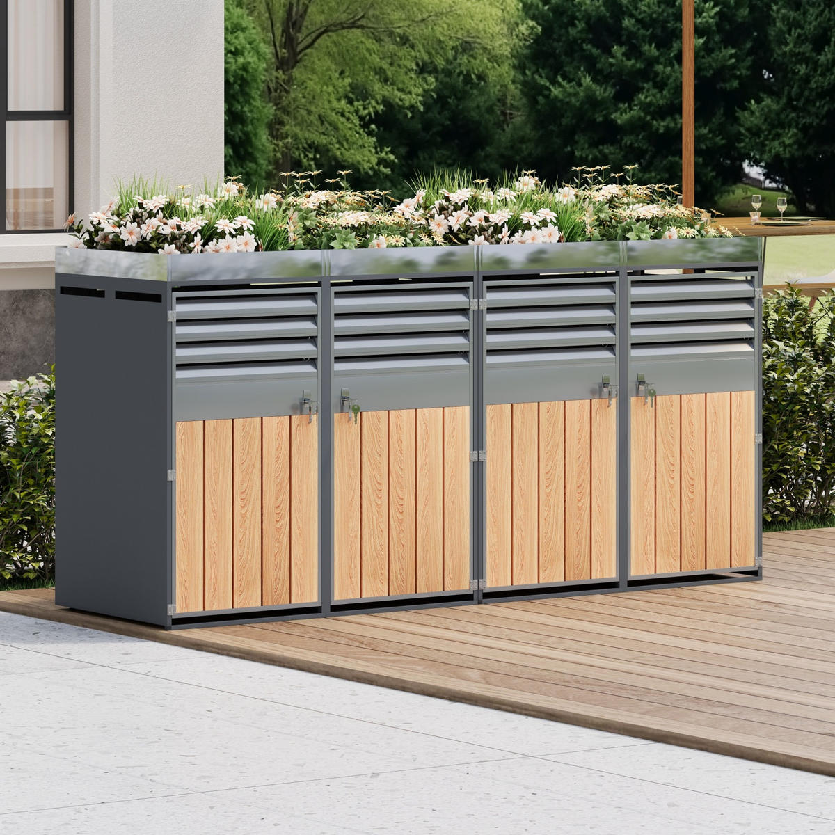 MÜLLTONNENBOX aus Stahl in Grau/Holzoptik mit Pflanzfläche & 4 abschließbaren Türen - Grau, Metall (264/124.5/80cm) - Modfu