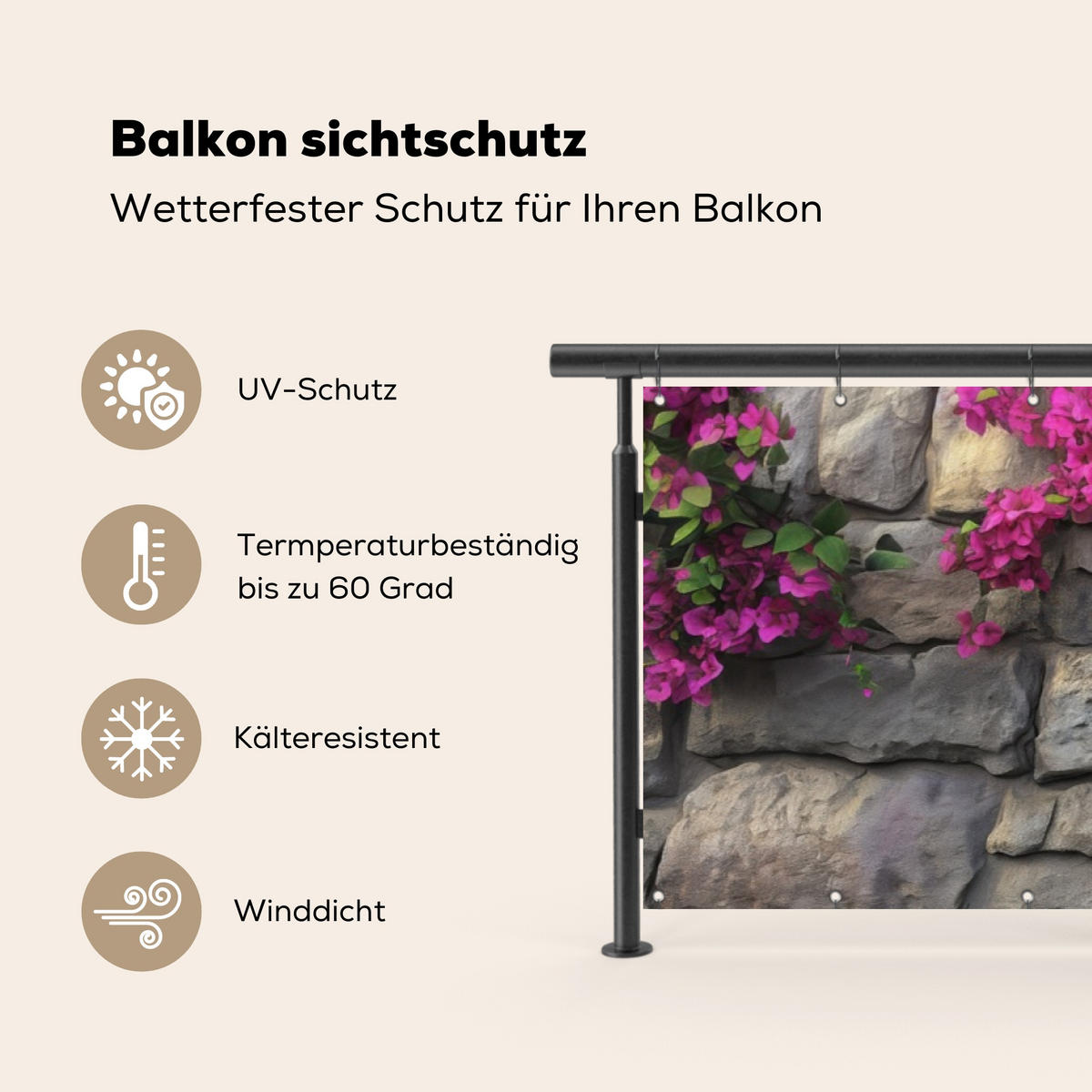 BALKON-SICHTSCHUTZ Bougainvillea - Steinmauer - Rosa - Magenta, Kunststoff (500/130cm) - MuchoWow