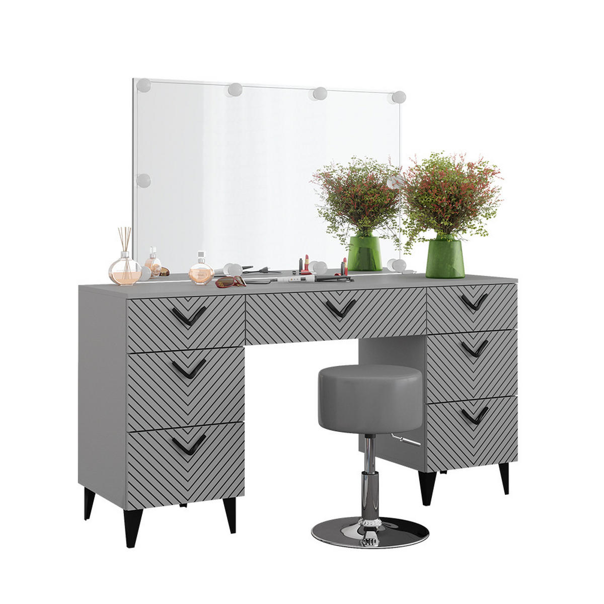 SCHMINKTISCH Anett Grau 150 cm mit LED Beleuchtung und Hocker - Grau, Holzwerkstoff (150/78.1/45cm) - Vicco